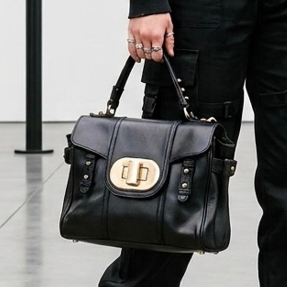 Badgley Mischka Keyra Satchel Black Leather Gold Turnlock Classic Handbag